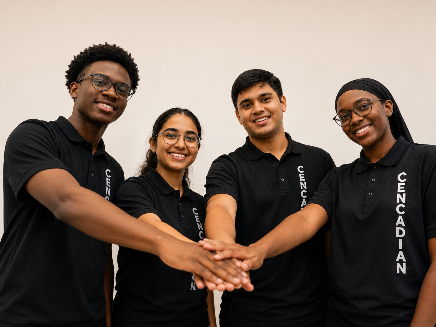 A diverse group putting their hands together in a team huddle