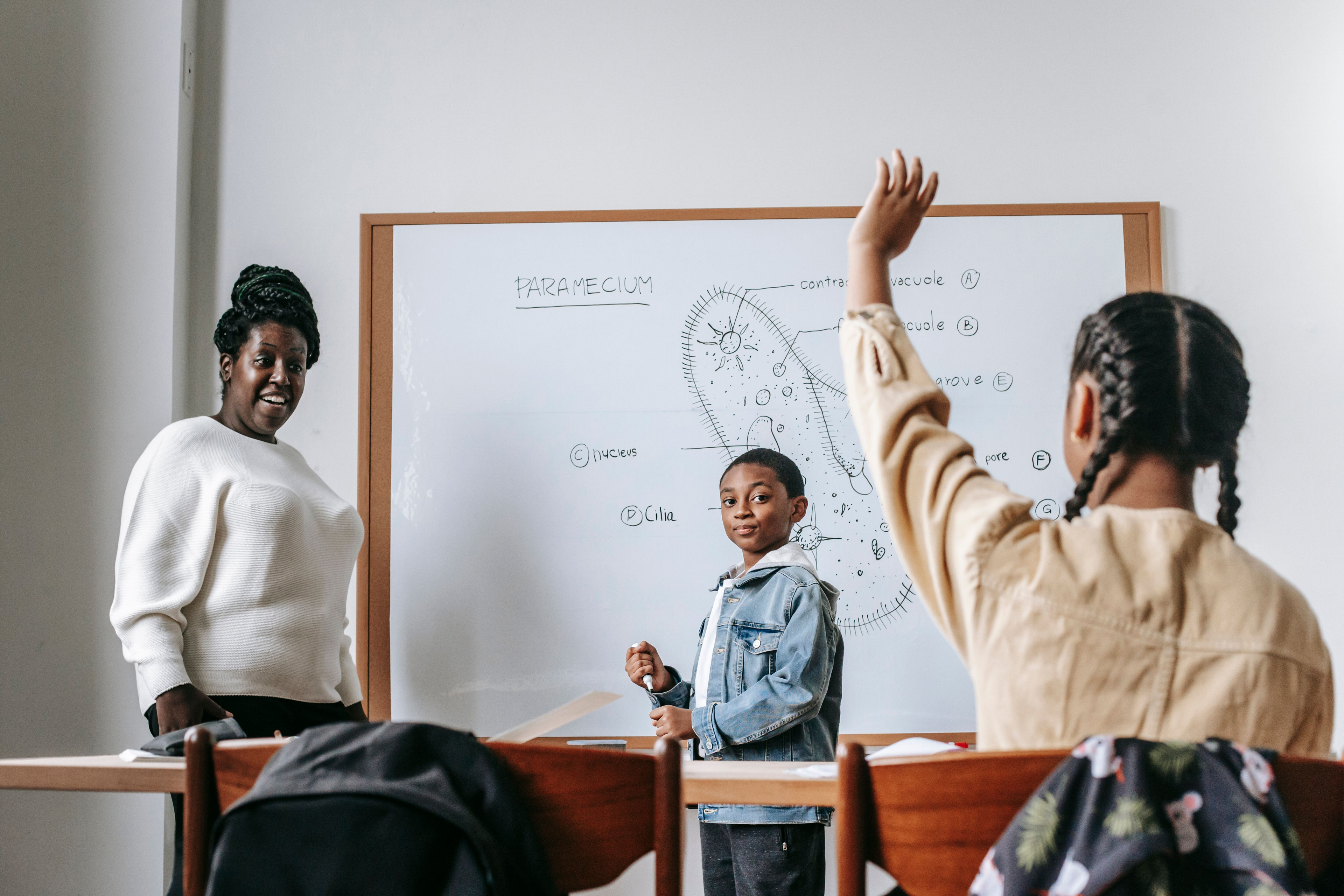 Student presenting at a classroom whiteboard
